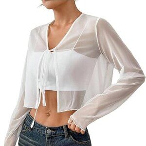 Y2K Sheer Tie-Front Mesh Crop Cardigan White
